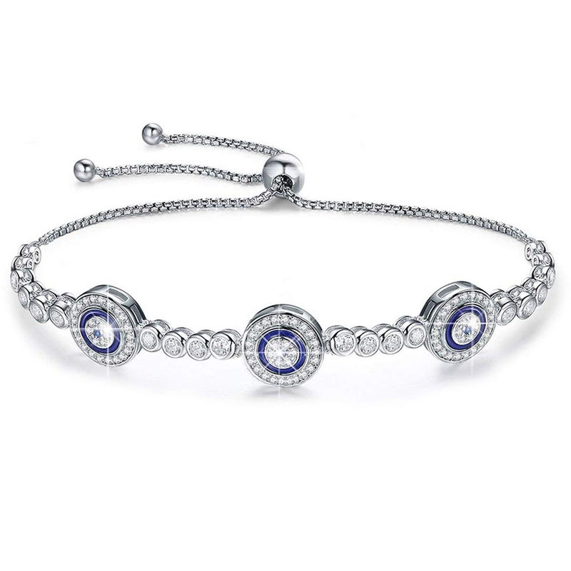 Kaletine Blue Evil Eyes Tennis Bracelet Nazar Amulet Sterling Silver Cubic Zirconia Chain Length Adjustable 4"-10" (Rhodium) - Image 1